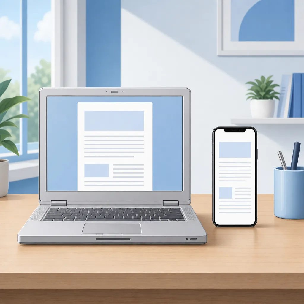 Notebook antigo ao lado de um smartphone moderno, os dois com um documento aberto, comparando o Office antigo e as versões atuais